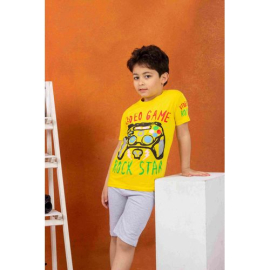 Video Game Rock Star Printed Summer Pajama For Boys Yellow 2 Pieces, Target Gender: Boys, Color Family: yellow, Material: cotton, Target Age: 10 - 11 Years