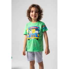 School Bus Printed Summer Pajama For Boys Green 2 Pieces, Target Gender: Boys, Color Family: Green, Material: cotton, Target Age: 12 - 24 Months