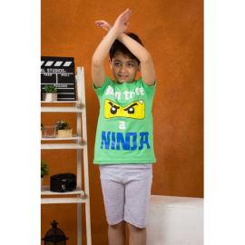 Ninja Printed Summer Pajama For Boys Green 2 Pieces, Target Gender: Boys, Color Family: Green, Material: cotton, Target Age: 10 - 11 Years
