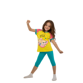 Zietoon Printed Pyjama Set Of Cotton Short Sleeve T-Shirt And Bermuda Pant For Girls Yellow/Turqouise, Target Gender: بنات, Season: Summer, Color Family: متعدد الالوان, Material: قطن, Target Age: 2 - 3 سنوات