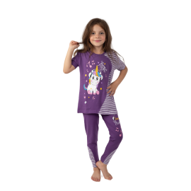 Zietoon Printed Pyjama Set Of Cotton Short Sleeve T-Shirt And Pant For Girls Purple, Target Gender: بنات, Season: Summer, Color Family: بنفسجي, Material: قطن, Target Age: 2 - 3 سنوات